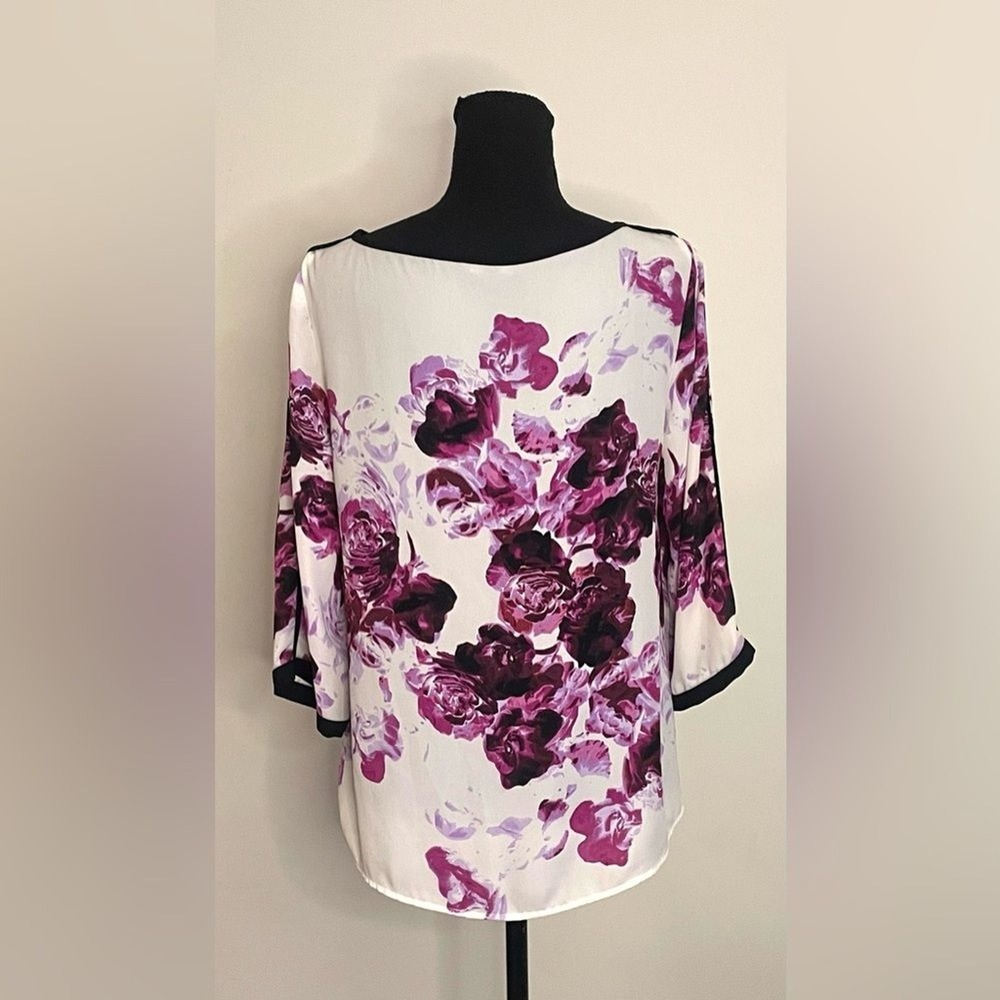 Adrianna‎ Papell Purple Floral 3/4 Split Sleeve Boat Neck Blouse Small - Picture 4 of 7